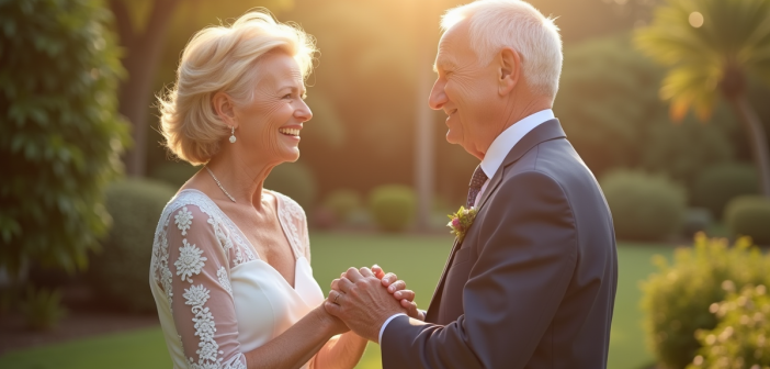 Couple agee renouvelant leurs vœux dans un jardin ensoleille