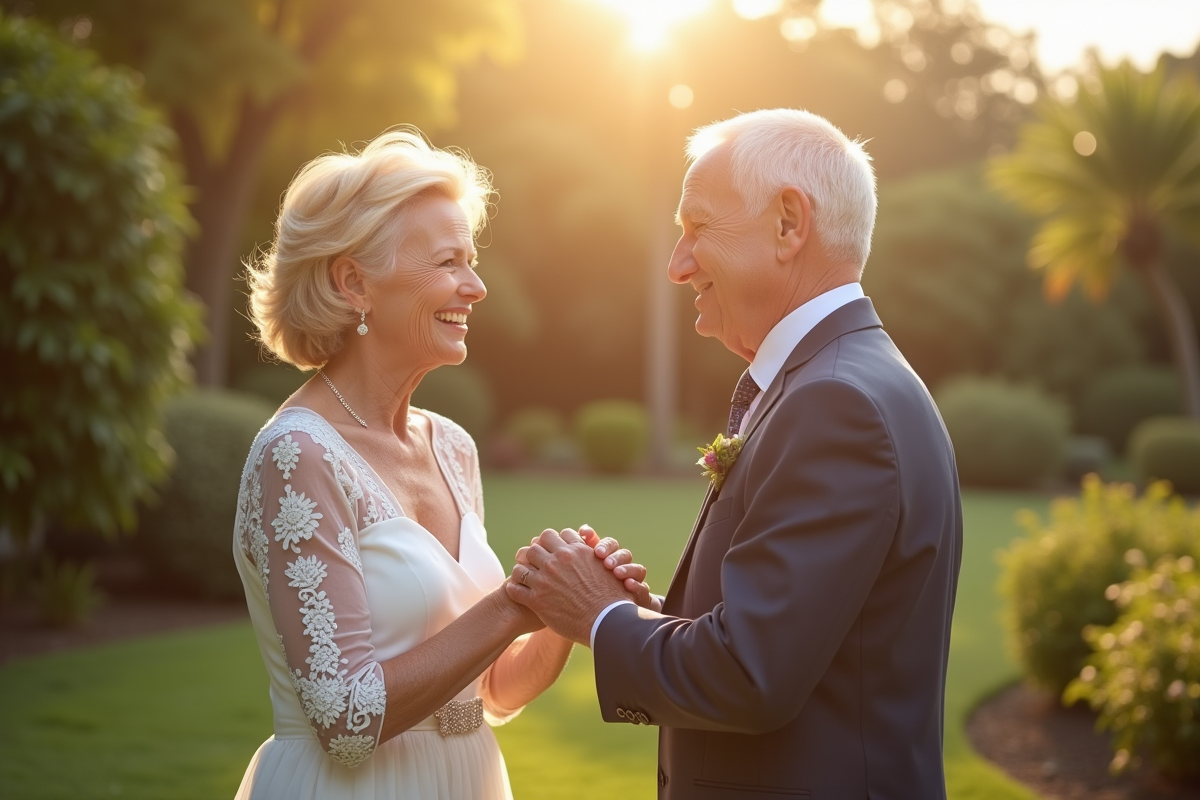 Couple agee renouvelant leurs vœux dans un jardin ensoleille
