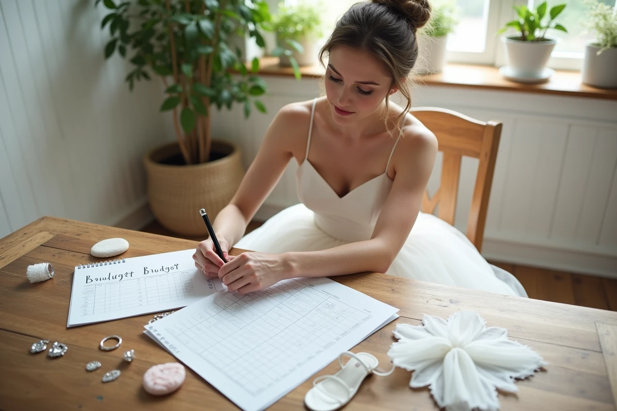 Mariée en robe blanche planifiant son budget de mariage à une table en bois avec swatches de tissus, voile et bijoux