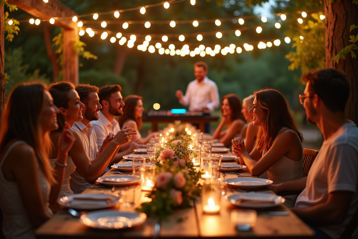 Repas de mariage en plein air avec invités et éclairage chaleureux