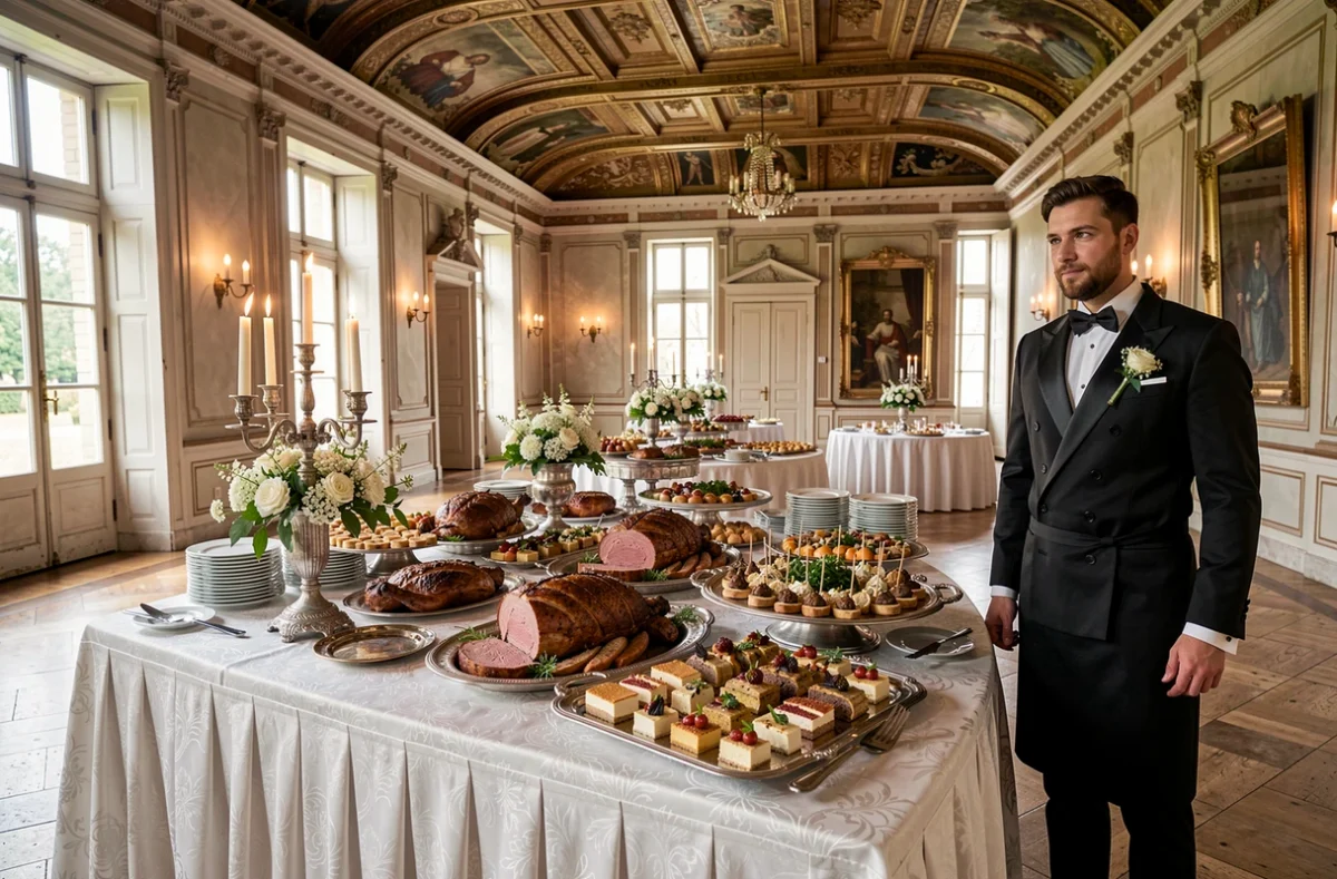 Buffet de mariage raffiné dans un château français avec plateaux en argent et décoration florale