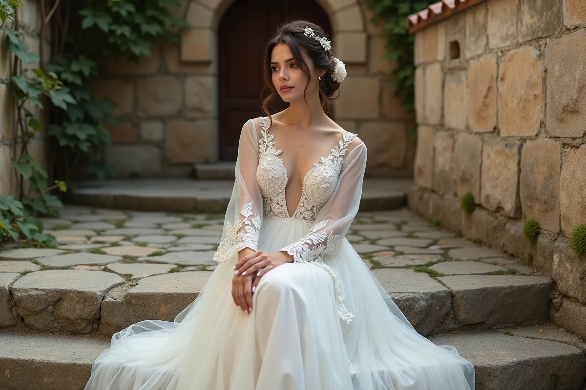 Mariée assise sur des marches en pierre portant une robe bohème princesse à manches en dentelle et jupe en mousseline