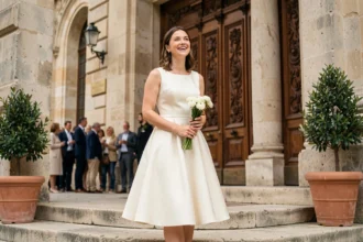 Mariée en robe courte ivoire coupe A-line devant une mairie française en pierre