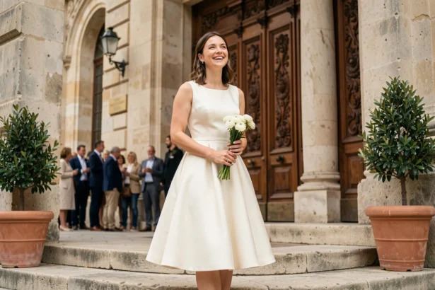 Mariée en robe courte ivoire coupe A-line devant une mairie française en pierre