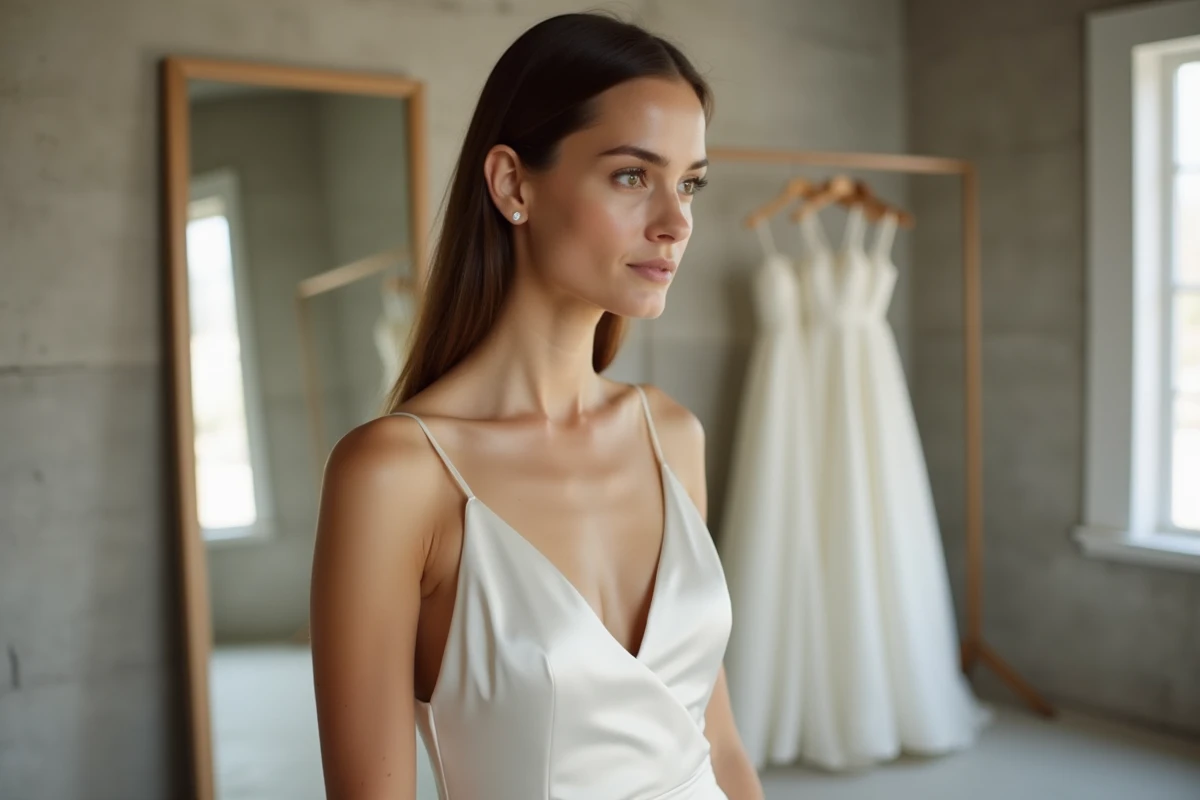 Mariée en robe de mariée minimaliste en satin coupe biais dans un atelier moderne, montrant comment un style épuré réduit le prix d'une robe de mariée