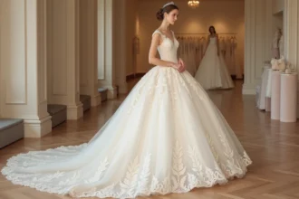 Femme portant une somptueuse robe de mariée en dentelle avec traîne cathédrale dans une boutique de mariage haut de gamme, illustrant le coût élevé d'un style princesse ornementé