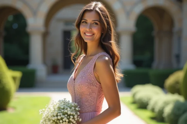 Femme portant une robe rose poudré élégante lors d'un mariage en extérieur, parfaite pour ne pas éclipser la mariée
