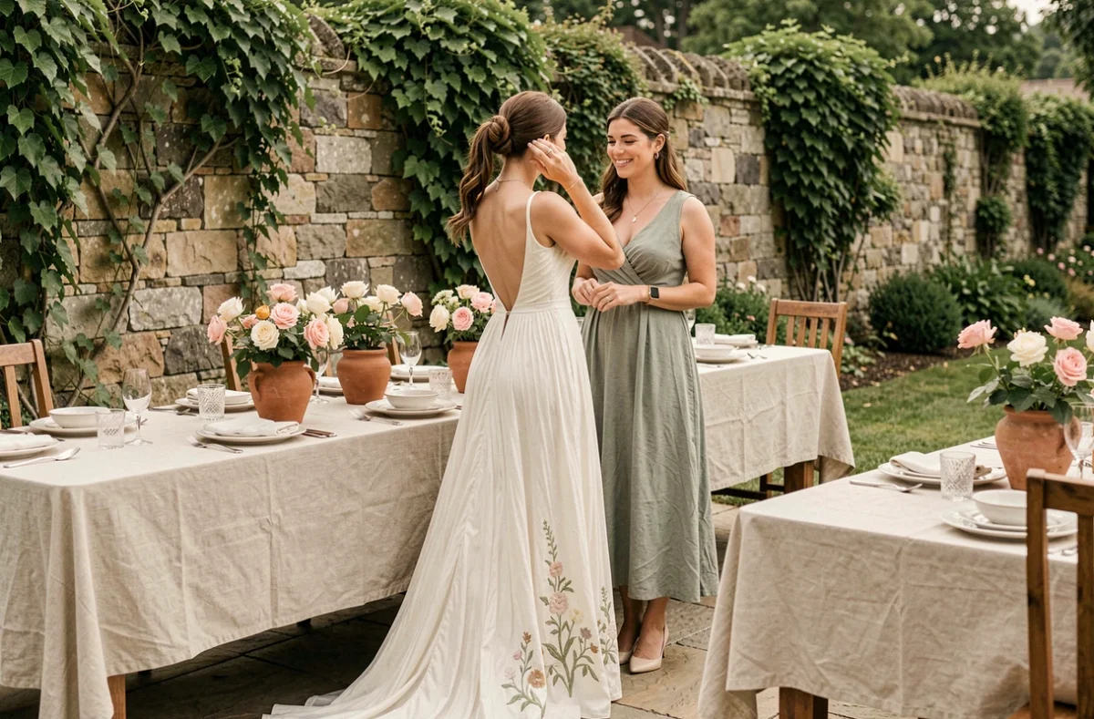 Mariée en robe brodée champêtre et demoiselle d'honneur en lin sauge près d'une table de réception en plein air au décor rétro