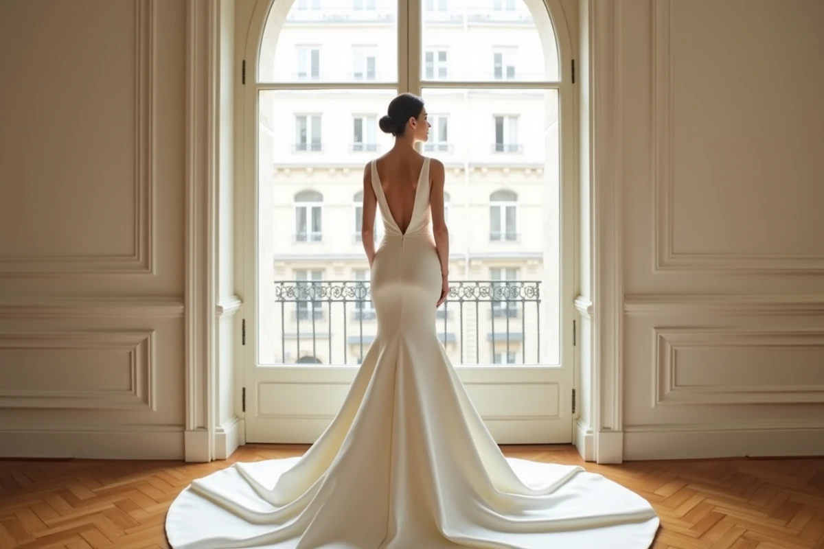Femme à peau claire en robe de mariée ivoire satin dans un appartement haussmannien, guide des couleurs pour mariée