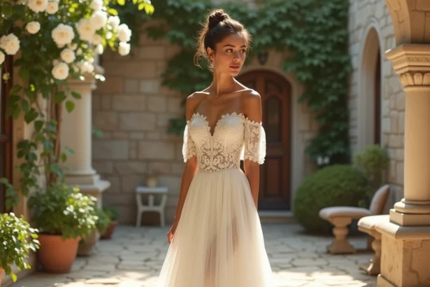 Femme à peau mate portant une robe de mariée ivoire en dentelle dans une cour en pierre, guide couleurs mariage