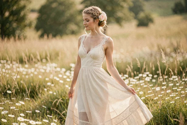 Mariée en robe champêtre vintage ivoire dans une prairie fleurie, style bohème rétro avec dentelle et fleurs sauvages