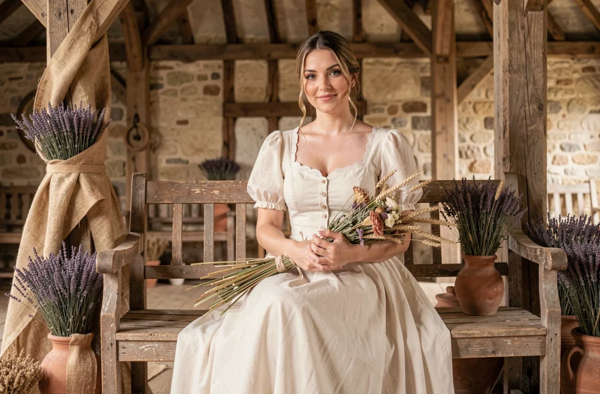 Mariée vintage en robe longueur thé assise dans une grange rustique décorée de lavande séchée et de lin naturel