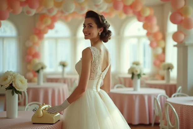 Mariée en robe de mariage vintage années 50 avec jupe en tulle et gants blancs dans une salle de réception décorée style rétro