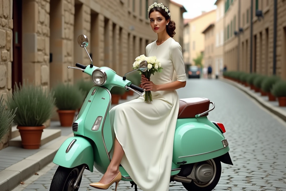 Mariée en robe de mariage style années 60 assise sur un Vespa vintage dans une ruelle pavée pour un mariage thème rétro
