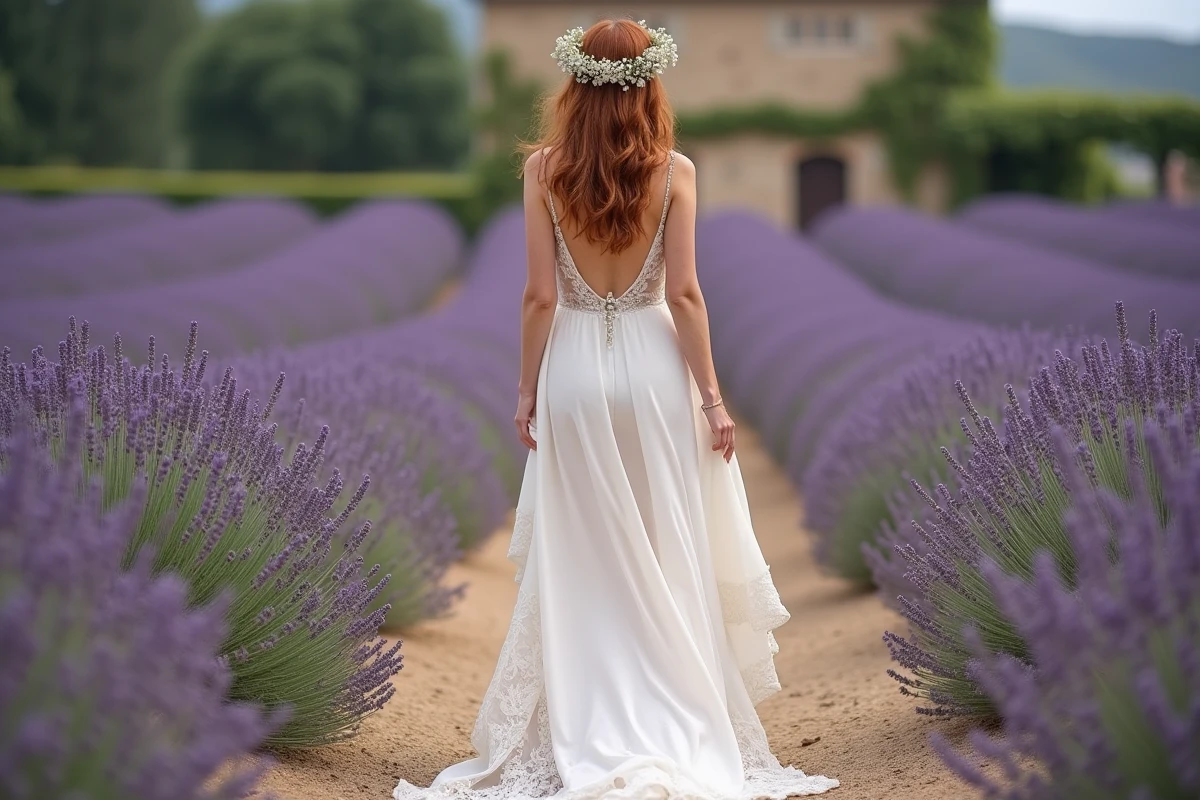 Robe de mariée bohème asymétrique courte devant et longue derrière avec traîne en dentelle dans un champ de lavande
