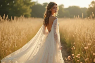 Femme portant une robe de mariée bohème fluide en chiffon et dentelle dans une prairie fleurie, silhouette naturelle mise en valeur