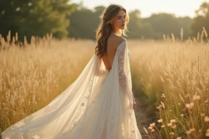 Femme portant une robe de mariée bohème fluide en chiffon et dentelle dans une prairie fleurie, silhouette naturelle mise en valeur
