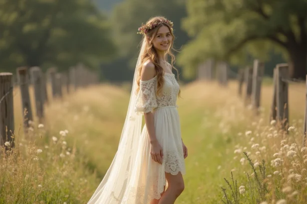 Mariée en robe courte devant longue derrière style bohème dans un champ de fleurs sauvages pour un mariage champêtre