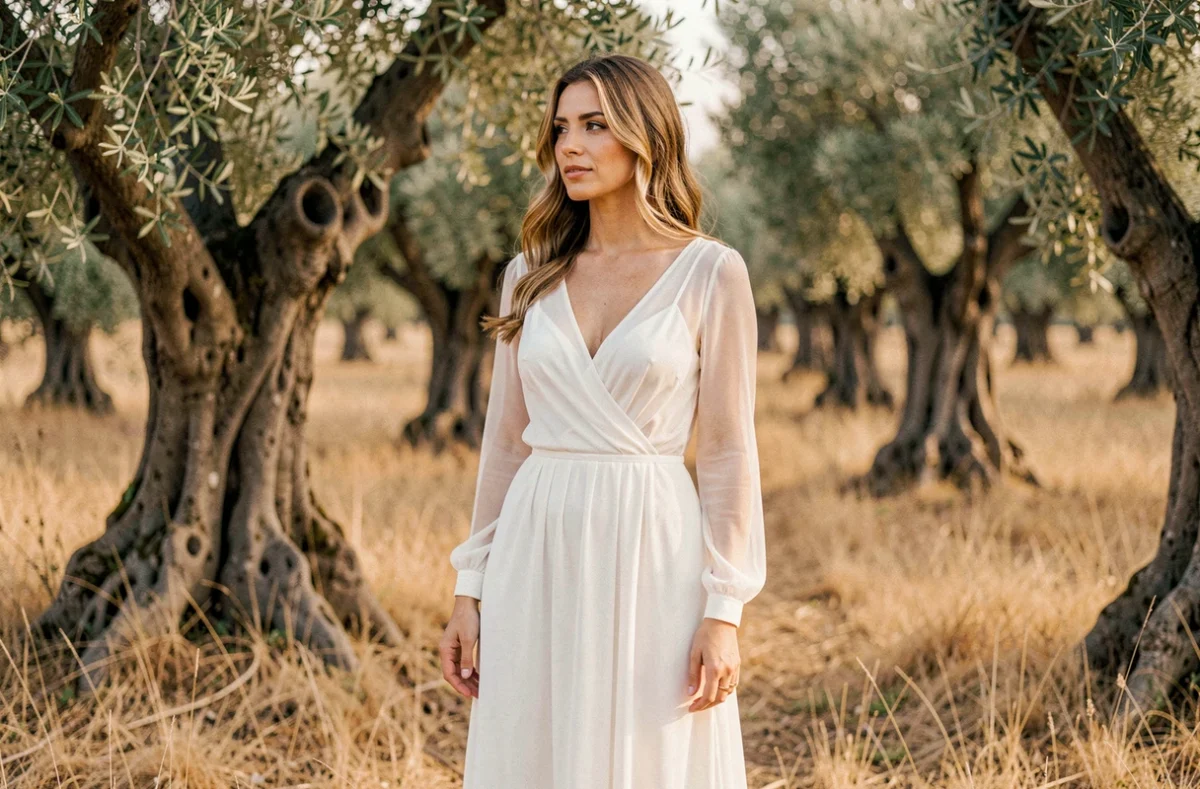 Mariée en robe en mousseline minimaliste à manches longues dans un oliveraie méditerranéenne en plein air