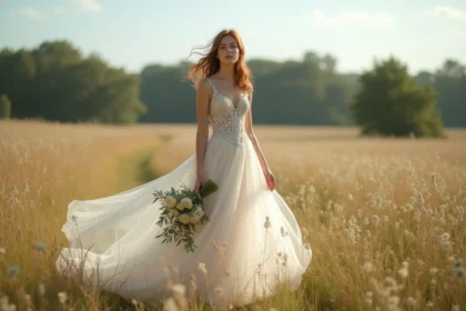Mariée en robe princesse bohème en dentelle et tulle dans une prairie fleurie lors d'un mariage en plein air