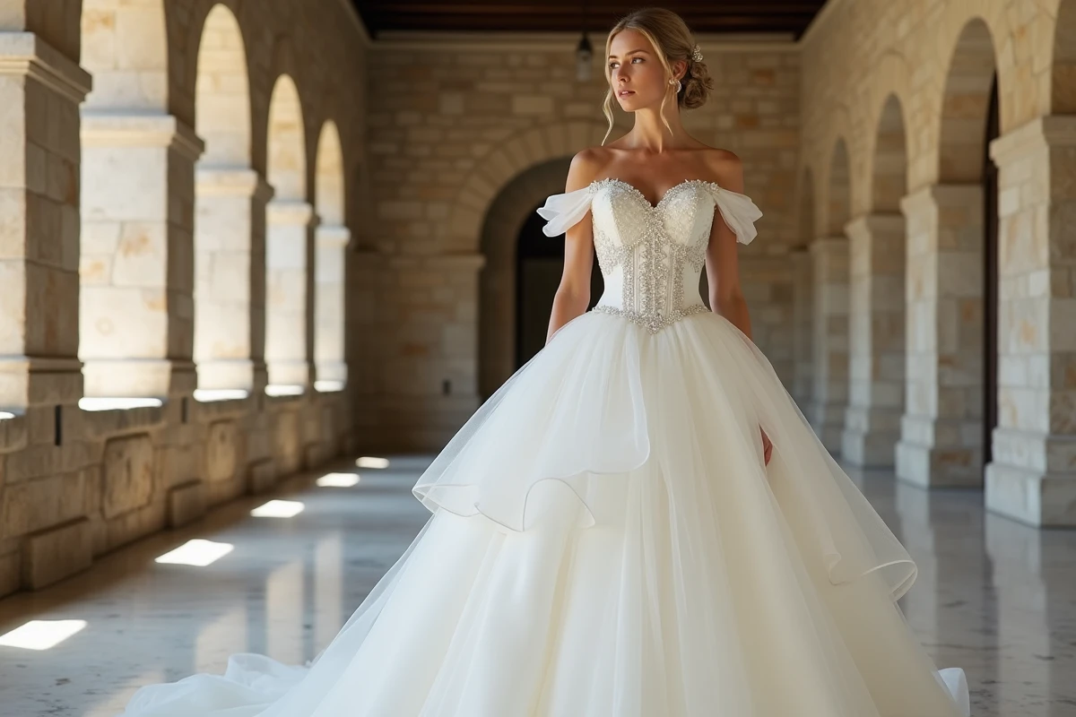 Mariée en robe princesse classique avec corset et jupe en tulle volumineux dans un couloir de château en pierre