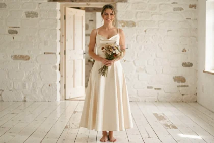 Femme en robe de mariée simple ivoire à bretelles fines dans une ferme rustique au sol en bois blanchi