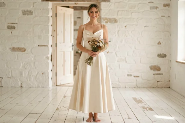 Femme en robe de mariée simple ivoire à bretelles fines dans une ferme rustique au sol en bois blanchi
