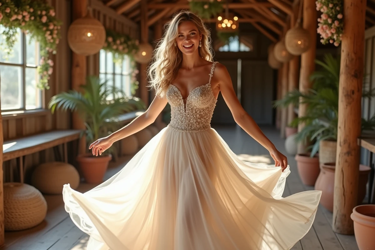 Mariée en robe princesse bohème volumineuse qui tourbillonne dans une grange rustique décorée pour un mariage champêtre