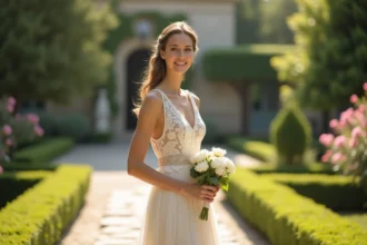 Femme portant une robe trapèze ivoire en dentelle dans un jardin fleuri lors d'un mariage de jour