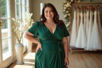 Jeune femme ronde en robe verte élégante dans une boutique de mariage