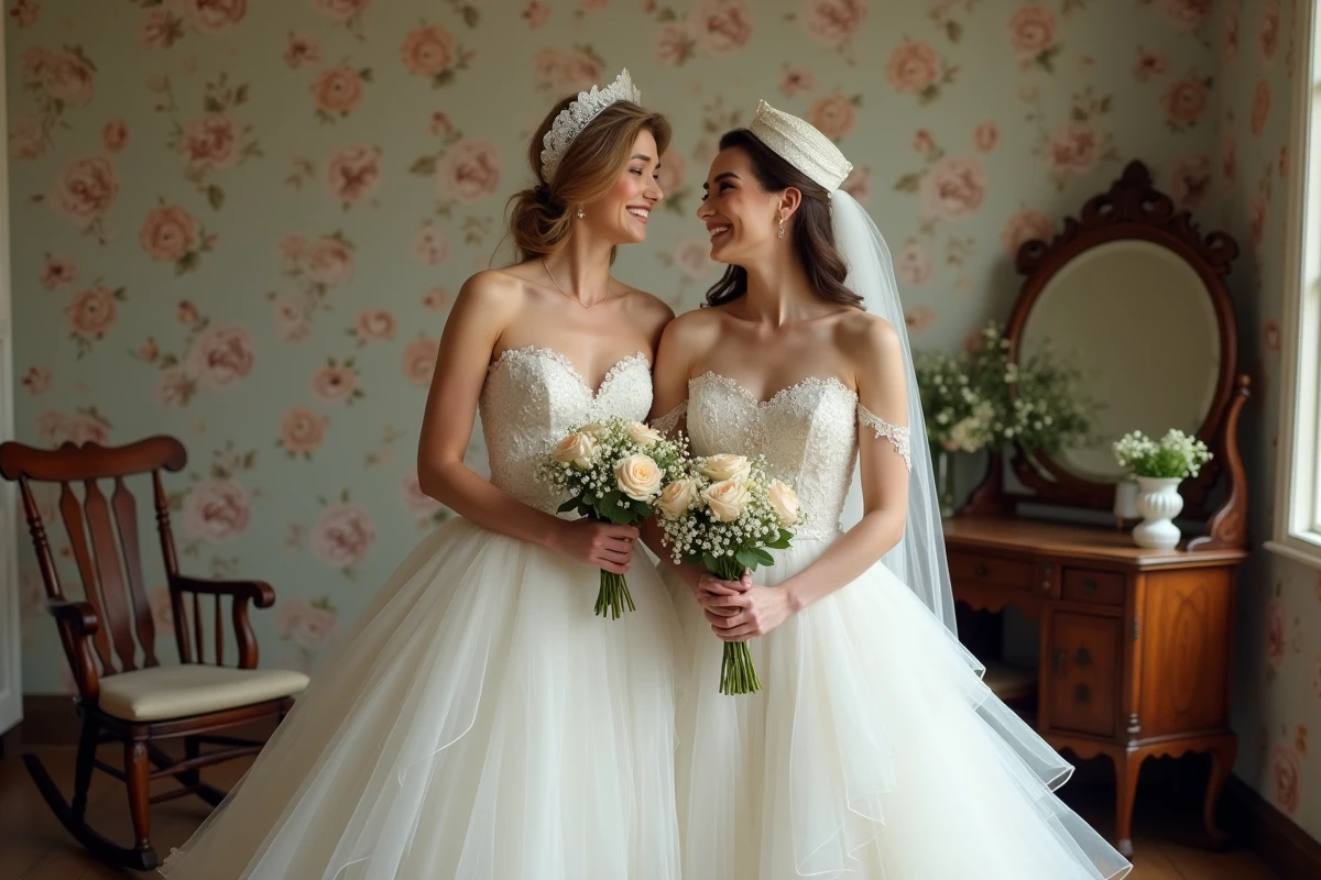 Deux mariées en robes de mariée vintage années 50 et 60 dans un studio photo rétro décoré avec papier peint fleuri et miroir ancien