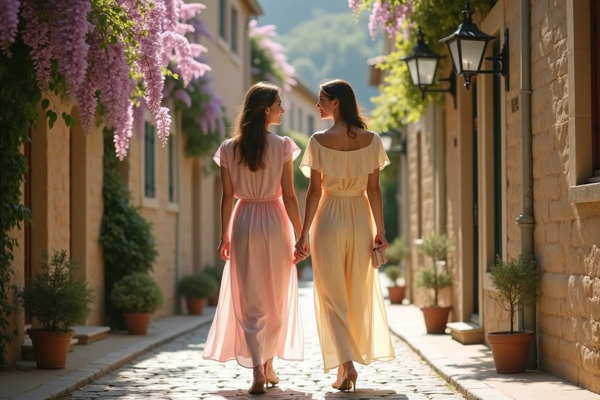 Deux femmes en robes trapèze rose et jaune marchant dans un village fleuri lors d'un mariage de jour