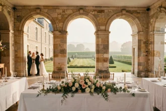Vue d'ensemble d'une salle de mariage élégante dans un château de Loire-Atlantique avec jardins et vignoble en arrière-plan