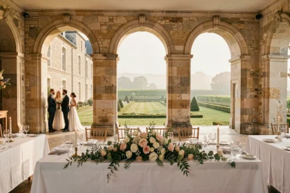 Vue d'ensemble d'une salle de mariage élégante dans un château de Loire-Atlantique avec jardins et vignoble en arrière-plan