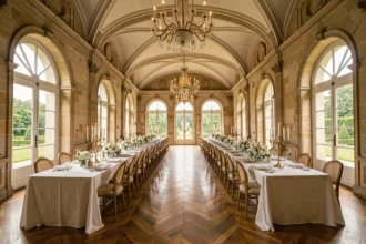 Salle de mariage dans un château des Yvelines avec décoration florale et architecture classique française