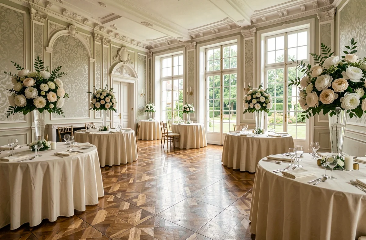 Salle de réception de mariage aux Salons de la Louée à Haute-Goulaine avec parquet, décoration florale et tables en lin ivoire