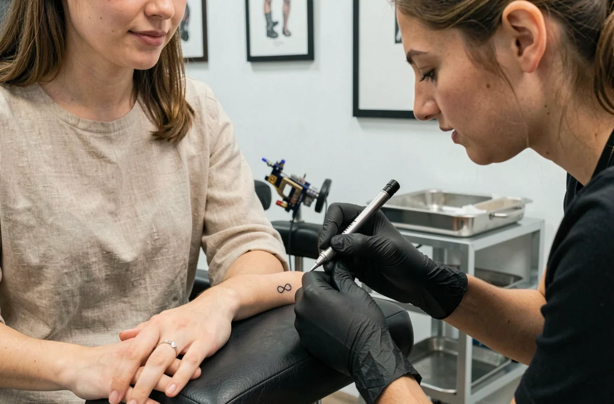 Femme se faisant tatouer un symbole infini sur l'annulaire dans un salon de tatouage professionnel