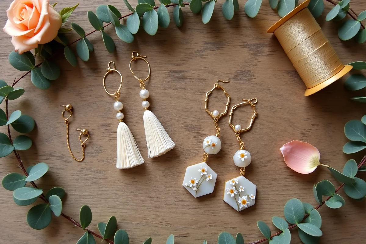 Sélection de boucles d'oreilles mariage champêtre chic disposées en flat lay sur bois avec eucalyptus et fleurs séchées