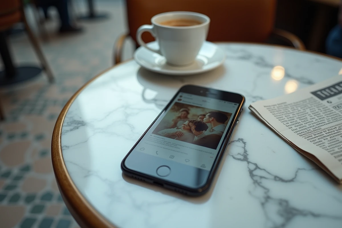 Smartphone affichant une publication de mariage sur les réseaux sociaux posé sur une table de café parisien, symbolisant la diffusion virale d'informations privées sur des personnalités publiques