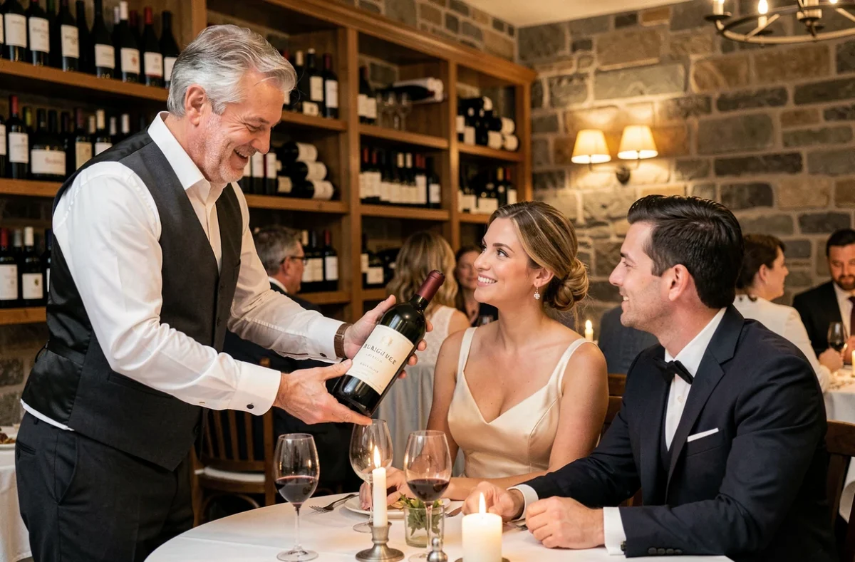 Sommelier présentant un grand vin de Bourgogne à un couple de mariés lors de leur réception en salle de château