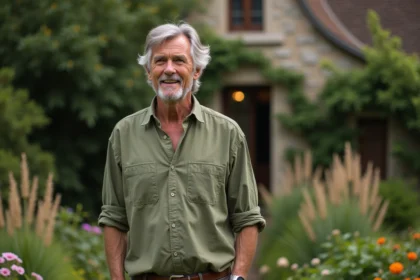 Stéphane Marie dans son jardin, regard pensif et sourire discret, évoquant sa vie privée loin des caméras