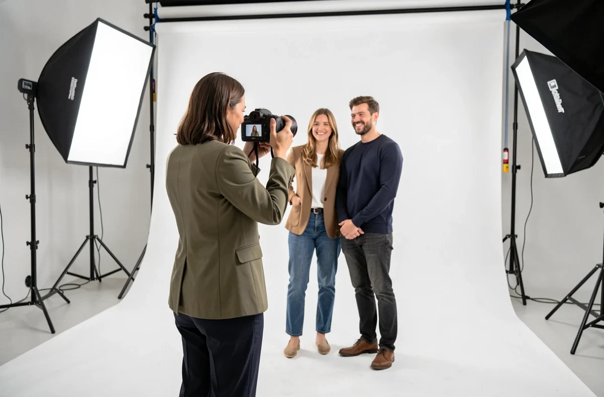 Photographe professionnelle en studio à Annemasse réalisant un shooting portrait pour un couple