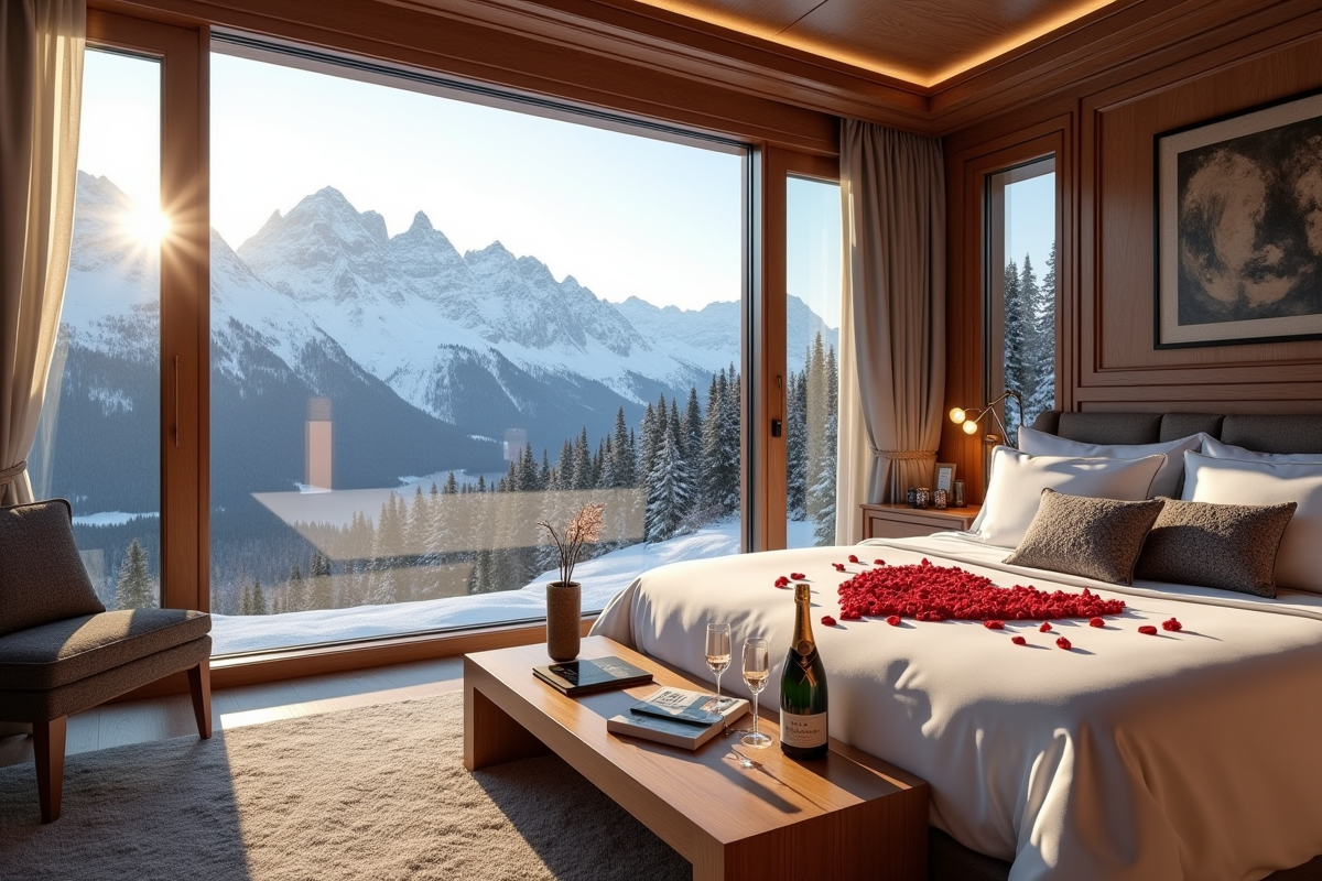 Suite de lune de miel avec vue sur montagnes enneigées