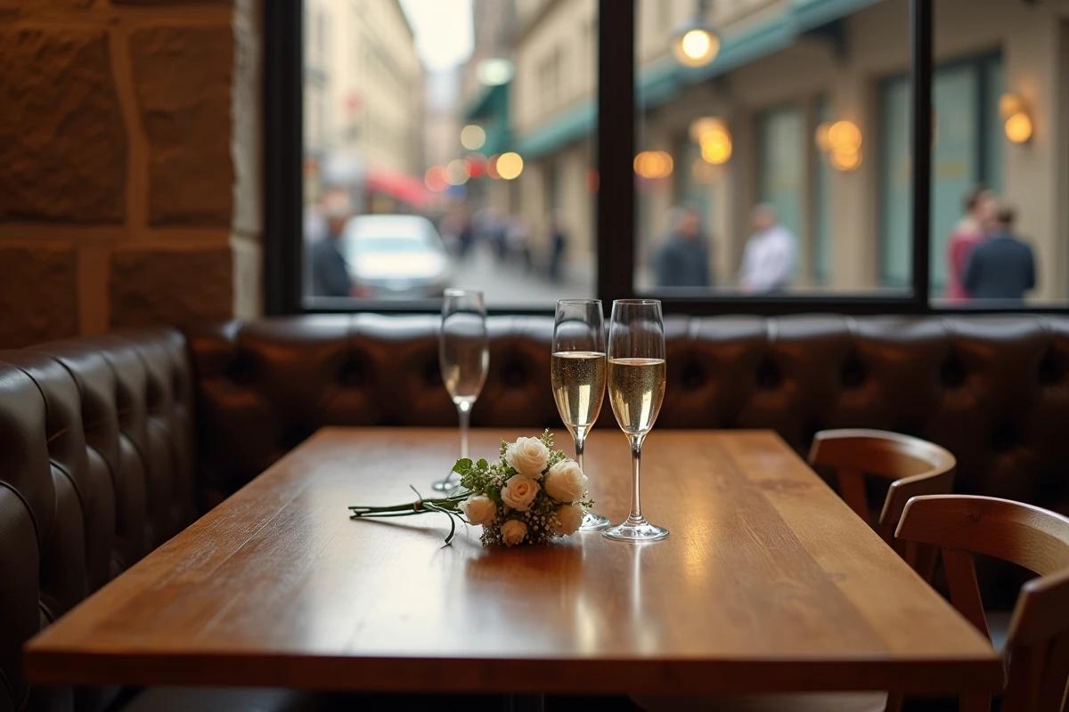 Table de restaurant avec flûtes de champagne et bouquet