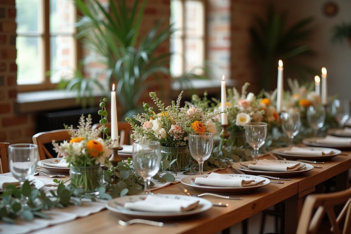 Table de mariage bohème en intérieur avec décoration rustique
