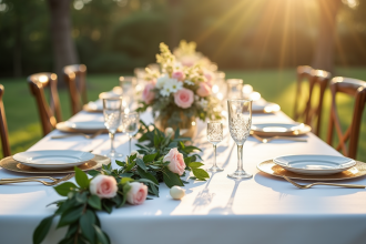 Table de mariage élégante en extérieur avec décoration blanche et or