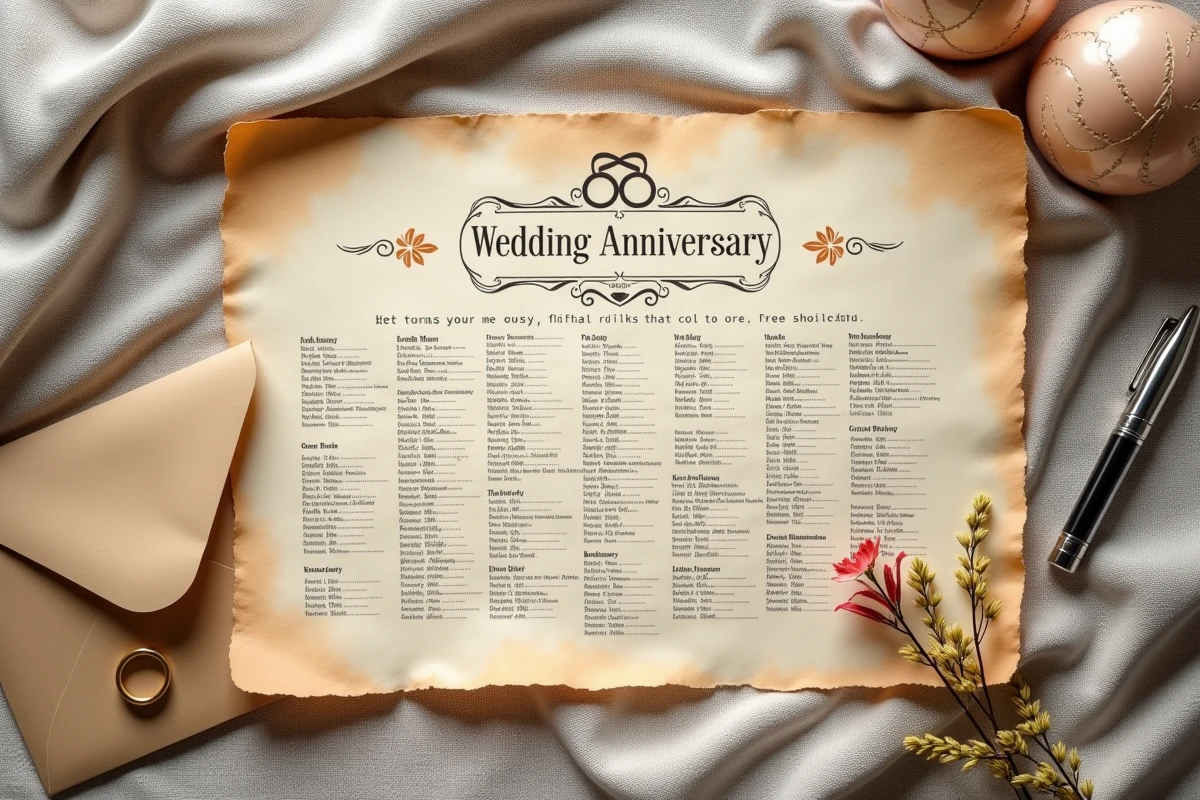 Vue de dessus d'un tableau des noces de mariage imprimé sur parchemin entouré d'objets symboliques comme une alliance et un stylo