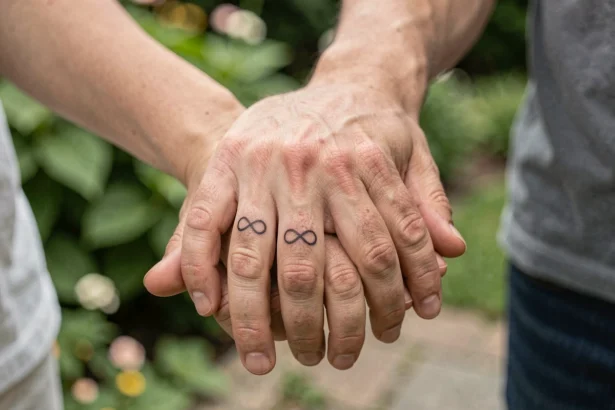 Deux mains de couple entrelacées avec des tatouages alliance infini sur l'annulaire, photo réaliste en gros plan
