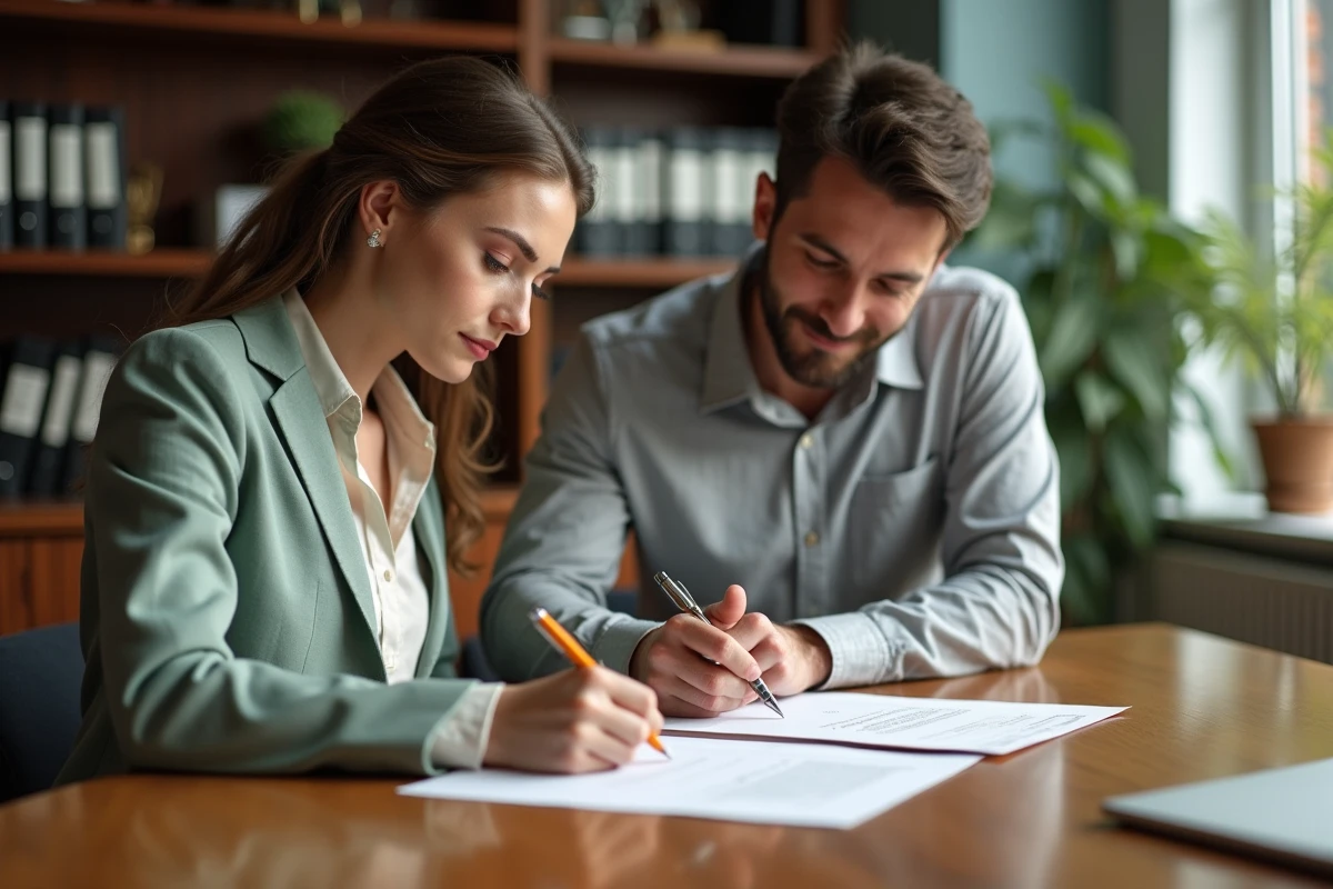 Deux témoins de mariage signant les documents officiels dans un bureau administratif