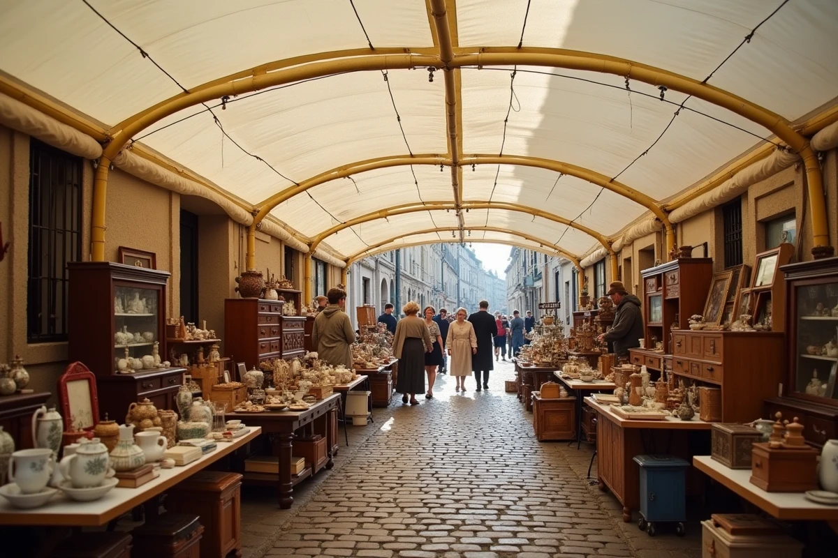 Tente gonflable abritant une brocante en plein air dans une rue pavée d'une petite ville française